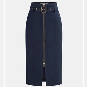 Commense Belted Zip-front Split Midi Pencil Skirt in Navy Blue Women's S NWT